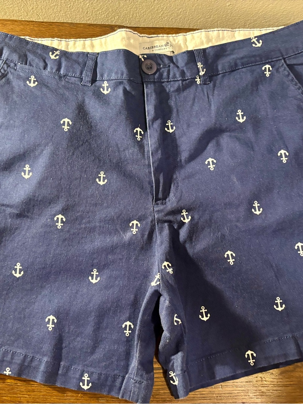 Caribbean Joe Navy Shorts with White Anchor Motif embroidery. 98% cotton